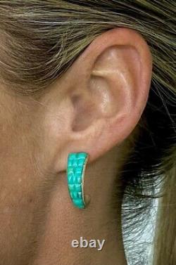 Vintage Zuni Sterling Silver Green Cobblestone Inlay Turquoise Hoop Earrings