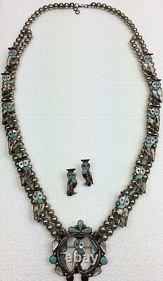 Vintage Zuni Sterling Silver Inlay Gemstone Owl Squash Blossom Necklace Earring