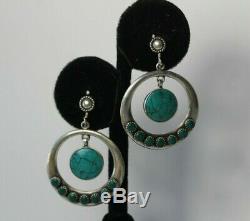 Vintage Zuni Sterling Silver & Morenci Turquoise Snake Eyes Dangle Earrings