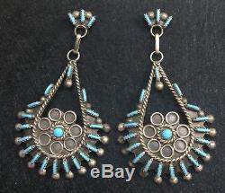 Vintage Zuni Sterling Silver Needlepoint Turquoise Earrings
