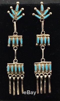 Vintage Zuni Sterling Silver Needlepoint Turquoise Long Earrings