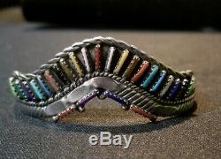Vintage Zuni Sterling Silver Rainbow Needlepoint Cuff Bracelet Signed SB
