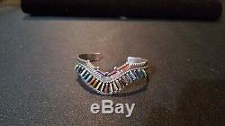 Vintage Zuni Sterling Silver Rainbow Needlepoint Cuff Bracelet Signed SB