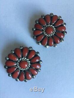 Vintage Zuni Sterling Silver & Red Coral Cluster Earrings by ALICE QUAM