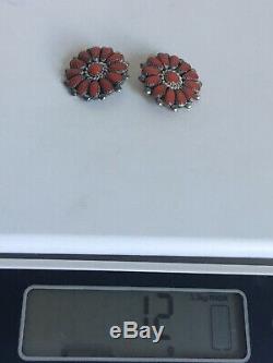 Vintage Zuni Sterling Silver & Red Coral Cluster Earrings by ALICE QUAM