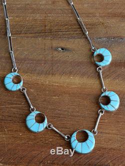 Vintage Zuni Sterling Silver Turquoise Inlay Necklace and Earrings Set