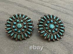Vintage Zuni Sterling Silver & Turquoise Needlepoint Clipon Earrings Signed NVH