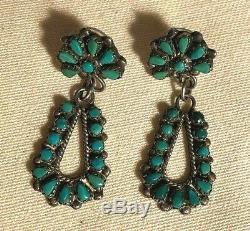 Vintage Zuni Sterling Silver & Turquoise Petite Point Dangle Earrings Signed