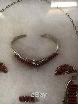 Vintage Zuni Sterling Silver and Red Coral Necklace Bracelet Earrings 1930' AR