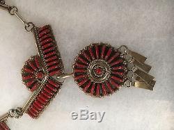 Vintage Zuni Sterling Silver and Red Coral Necklace Bracelet Earrings 1930' AR