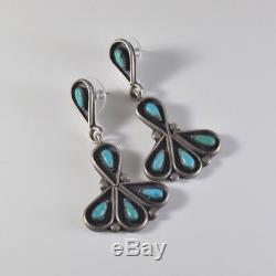 Vintage Zuni Sterling Silver and Turquoise Petit Point Large Chandelier Earrings