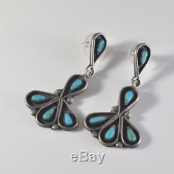 Vintage Zuni Sterling Silver and Turquoise Petit Point Large Chandelier Earrings