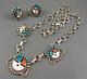 Vintage Zuni Sterling Turquoise Coral Mop Jet Inlay Sun Face Necklace Earrings