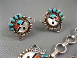 Vintage Zuni Sterling Turquoise Coral MOP Jet Inlay Sun Face Necklace Earrings