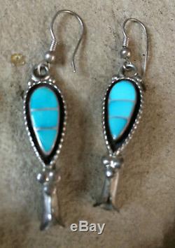 Vintage Zuni Sterling Turquoise Inlay Squash blossom Necklace and earrings Set