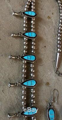 Vintage Zuni Sterling Turquoise Inlay Squash blossom Necklace and earrings Set