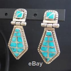 Vintage Zuni Turquoise Channel Inlay Sterling Silver Hinged Drop Earrings
