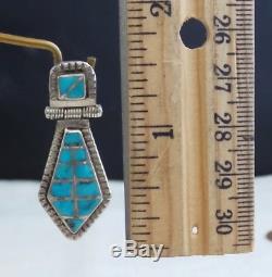 Vintage Zuni Turquoise Channel Inlay Sterling Silver Hinged Drop Earrings
