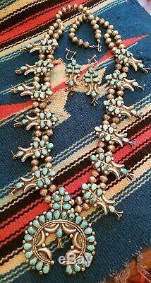 Vintage Zuni Turquoise Squash Blossom Sterling Silver Necklace, earrings 30 inch