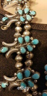 Vintage Zuni Turquoise Squash Blossom Sterling Silver Necklace, earrings 30 inch