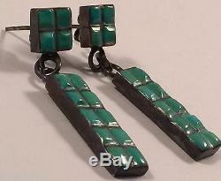 Vintage Zuni Turquoise Sterling Silver Rows of Squares Dangle Earrings