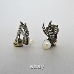 Vintage c1950 Sterling Silver AKOYA CULTURED PEARL & MARCASITE CLIP-ON EARRINGS
