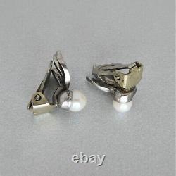 Vintage c1950 Sterling Silver AKOYA CULTURED PEARL & MARCASITE CLIP-ON EARRINGS