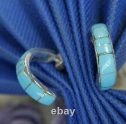 Vintage inlaid Turquoise 5/8 x 1/8 Hoop Hug. 925 Sterling Silver post earrings
