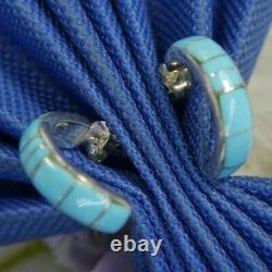 Vintage inlaid Turquoise 5/8 x 1/8 Hoop Hug. 925 Sterling Silver post earrings