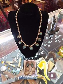 Vintage set Johnny Frank Navajo Sterling Turquoise Squash Blossom Necklace