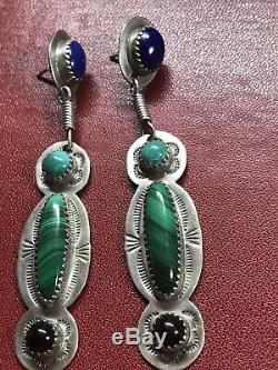 Vintage southwestern Sterling Silver Earrings Lapis Turquoise Onyx