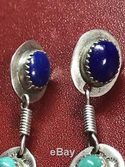 Vintage southwestern Sterling Silver Earrings Lapis Turquoise Onyx