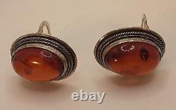 Vintage sterling Silver Amber Egg Shape Clip On Earrings