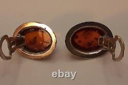Vintage sterling Silver Amber Egg Shape Clip On Earrings
