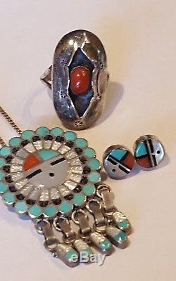 Vintage sterling silver 925 Navajo Turquoise Onyx MOP earrings 2 rings necklace