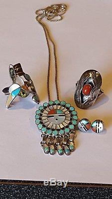Vintage sterling silver 925 Navajo Turquoise Onyx MOP earrings 2 rings necklace