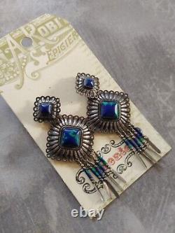 Vintage sterling silver 925 fringe earrings blue Azurite signed RB Running Bear