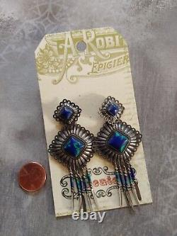 Vintage sterling silver 925 fringe earrings blue Azurite signed RB Running Bear