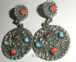 Vintage sterling silver Mexico Taxco turquoise coral earrings Matl style