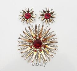 Vintage sterling silver red crystals star burst pin earrings set Eisenberg