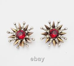 Vintage sterling silver red crystals star burst pin earrings set Eisenberg