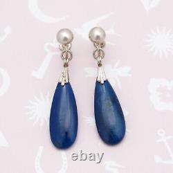Vtg 1930s Art Deco Natural Lapis Lazuli Sterling Silver Teardrop Dangle Earrings