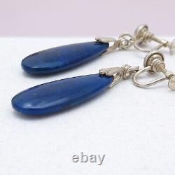 Vtg 1930s Art Deco Natural Lapis Lazuli Sterling Silver Teardrop Dangle Earrings