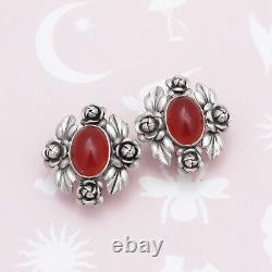 Vtg 1930s Arts & Crafts Natural Carnelian Sterling Silver Rose Flower Earrings