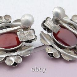 Vtg 1930s Arts & Crafts Natural Carnelian Sterling Silver Rose Flower Earrings