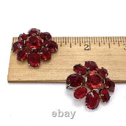Vtg 1930s Red Faceted Glass Flower Shape Sterling Silver Clip Earrings