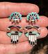 Vtg 1940's Pawn Sterling Silver Zuni Multi Stone Inlay Sunface Dangle Earrings