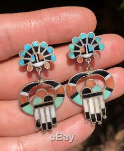 Vtg 1940's Pawn Sterling Silver Zuni Multi Stone Inlay Sunface Dangle Earrings