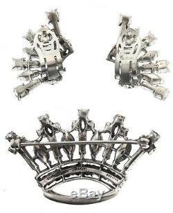 Vtg 1947 Philippe TRIFARI Sterling Rhinestone CROWN Figural Pin & Earrings Set