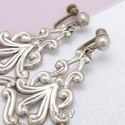 Vtg 1950s Mexican Sterling Silver Openwork Dangle Drop Pendant Earrings